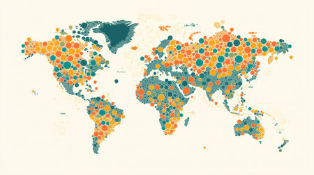 This vibrant infographic showcases a world map with colorful circles representing various data points, making it ideal for educational and informational purposes.の素材