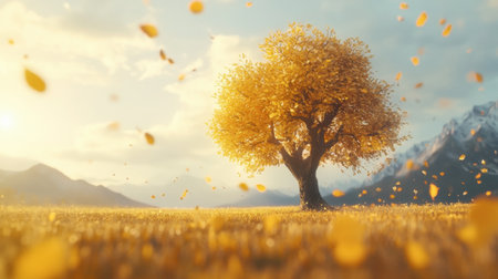 A stunning autumn landscape featuring a solitary golden tree amidst a vibrant field. Sunlight illuminates the scene, creating a peaceful atmosphere.の素材