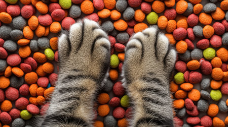 Close-up of cat paws resting on a vibrant assortment of colorful pet food, showcasing the playful and curious nature of domestic cats in a lively setting.の素材