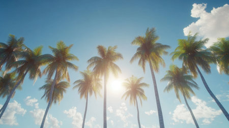A tranquil view of tall palm trees basking in sunlight under a clear blue sky, creating a serene and inviting tropical atmosphere perfect for relaxation.の素材