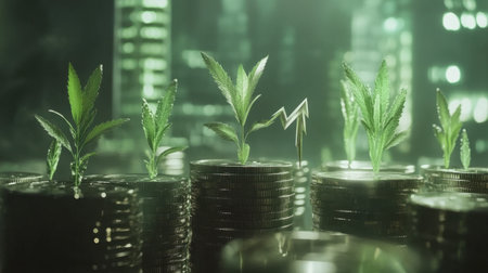 Conceptual image showing plants growing from stacks of coins, symbolizing financial growth, sustainability, and economic success in a modern context.の素材