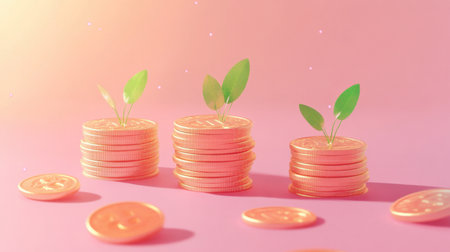 Three stacks of coins with green sprouts symbolize financial growth and investment potential, creating an inspiring visual for savings and success.の素材