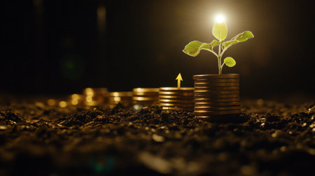 A conceptual image showing the growth of investment with a plant emerging from a stack of coins, symbolizing financial prosperity and sustainability.の素材