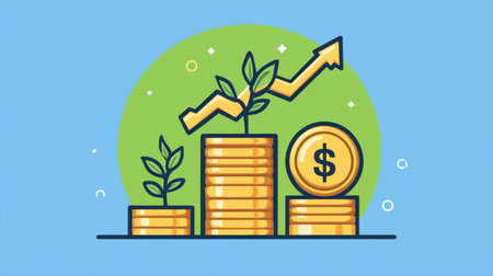 An illustration depicting the concept of financial growth with plants, coins, and an upward chart, symbolizing investment success and future prosperity.の素材