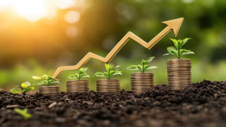 An upward growth trend illustrated by young plants emerging from stacks of coins, symbolizing investment, financial success, and sustainability.の素材