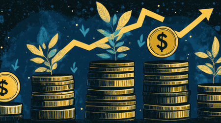 Engaging illustration of coins stacking with plants growing, symbolizing financial growth and investment opportunities in a vibrant and creative style.の素材