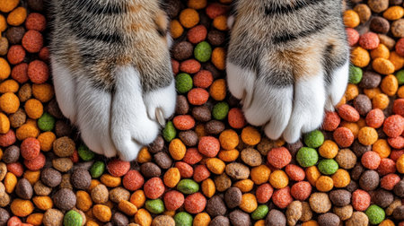 Close-up view of cat paws resting on vibrant pet food, showcasing a mix of colors and textures. Perfect for animal lovers and pet care themes.の素材
