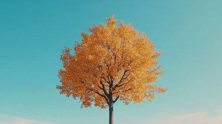 A solitary autumn tree with bright orange leaves contrasts beautifully against a clear blue sky, symbolizing the vibrant change of seasons and tranquility.の素材
