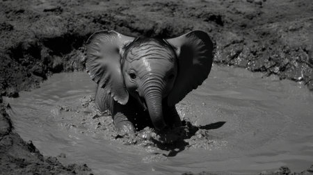 A young elephant joyfully plays in muddy water, showcasing its playful spirit and vibrant personality. The moment captures the essence of wildlife and nature.の素材