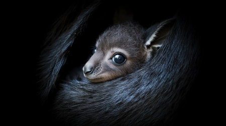 A close-up of a baby animal nestled peacefully in dark fur, showcasing its innocent expression and large, expressive eyes. The image captures a moment of warmth and tenderness in nature.の素材