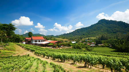 A picturesque vineyard landscape featuring lush green rows of grapevines, a charming farmhouse, and rolling hills under a clear blue sky.の素材