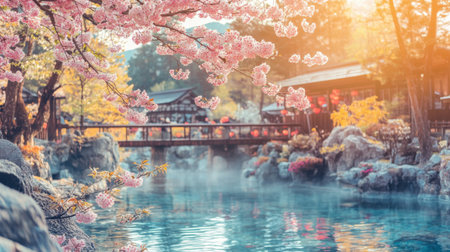A tranquil scene featuring cherry blossoms in full bloom along a serene waterway, illuminated by soft morning sunlight. A picturesque bridge complements the landscape.の素材