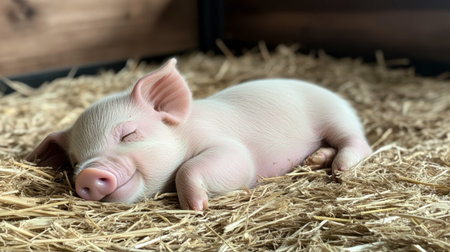 A charming piglet peacefully sleeps in a bed of fresh straw, embodying tranquility and cuteness. This adorable scene captures the essence of farm life and animal charm.の素材