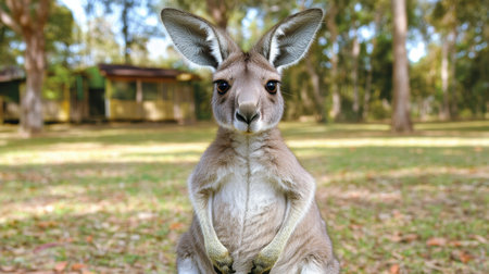 A cute kangaroo stands in a scenic outdoor setting, showcasing its curious expression and distinctive features. Ideal for nature and wildlife themes.の素材