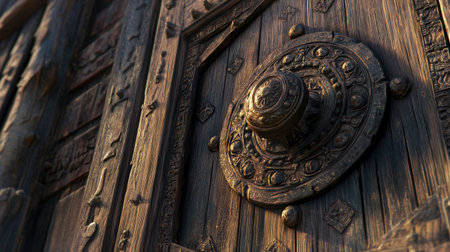Close-up view of an ornate wooden door featuring a decorative knob and intricate carvings, showcasing skillful craftsmanship and vintage charm.の素材