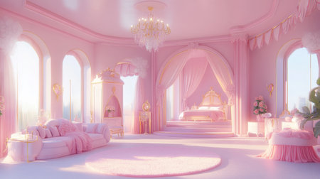 A luxurious pink bedroom showcasing elegant design elements, featuring soft fabrics, plush furnishings, and a stunning chandelier. It creates a serene and stylish ambiance.の素材
