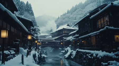A serene snowy village in winter showcases traditional architecture nestled among mountains. The calm river reflects the beauty of the tranquil scene.の素材