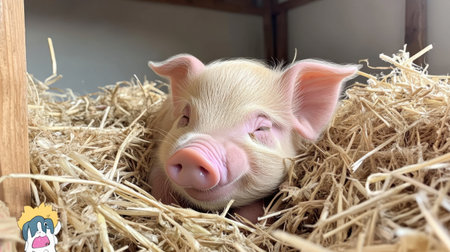 This adorable piglet peacefully sleeps among straw bedding, radiating tranquility and charm. Perfect for animal lovers and farm-themed projects.の素材