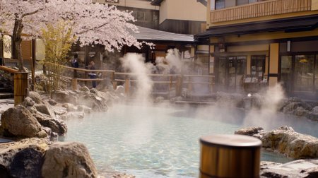 Experience tranquility at this Japanese hot spring surrounded by blooming cherry blossoms. Enjoy the calming steam and serene landscape. Perfect for relaxation.の素材