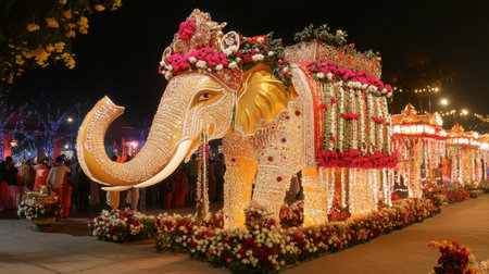 A beautifully decorated elephant adorned with vibrant flowers and lights, creating a stunning display for celebrations, capturing the spirit of joy and tradition.の素材