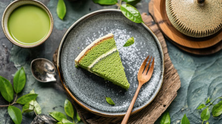 A beautifully styled slice of matcha cake on a rustic plate, paired with green tea. Ideal for food enthusiasts and culinary presentations.の素材