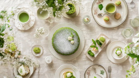 A beautiful spread featuring green tea desserts, including a matcha cake and various sweets, surrounded by delicate flowers and light ambiance. Perfect for celebrations.の素材