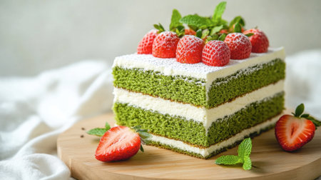 A beautiful matcha layer cake adorned with fresh strawberries and mint leaves, perfect for celebrations or a delicious treat on any occasion.の素材