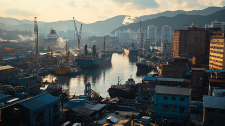 A vibrant harbor scene showcasing boats and an urban skyline at sunrise. Industrial cranes and buildings create a dynamic waterfront atmosphere.の素材