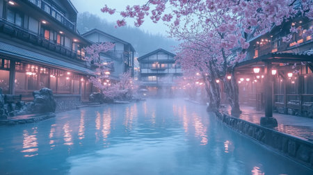 Experience a serene village scene with cherry blossoms by a misty waterway, creating a tranquil atmosphere perfect for relaxation and reflection.の素材