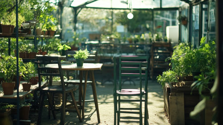 A cozy indoor garden featuring chairs and tables surrounded by vibrant plants. Bathed in warm sunlight, this serene space invites relaxation and connection with nature.の素材