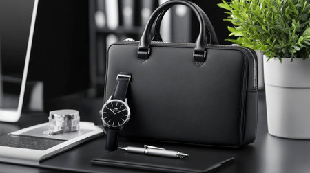A stylish black bag accompanied by a sleek watch, set on a modern desk. This minimalist arrangement enhances any workspace with elegance and functionality.の素材