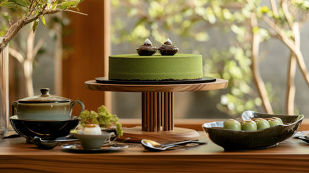 A stunning green cake on a wooden stand, accompanied by an elegant tea set and assorted sweets, set against a backdrop of natural foliage.の素材