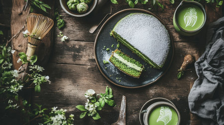 A beautiful matcha cake slice rests on a rustic plate, surrounded by green tea, fresh herbs, and delicate flowers, creating a serene culinary scene.の素材