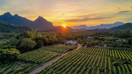 A breathtaking view of a vineyard at sunset, surrounded by majestic mountains. The scene captures the tranquility of nature, perfect for showcasing rural beauty.の素材
