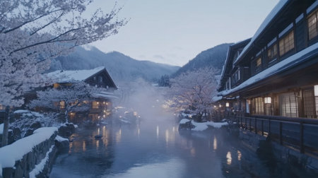 A tranquil winter scene featuring traditional Japanese buildings surrounded by snow and cherry blossoms, capturing the serene beauty of nature and culture.の素材