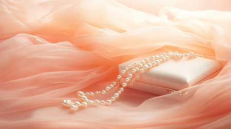 A stunning arrangement of elegant pearls laid on soft pink fabric, perfect for themes of luxury, beauty, or fashion. Ideal for wedding or jewelry-related projects.の素材