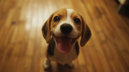 A cheerful beagle puppy sits on a wooden floor, showcasing its playful personality and vibrant spirit. The happy expression brings joy to any setting.の素材