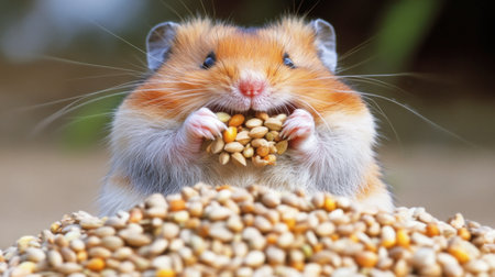 A close-up of a cute hamster joyfully holding a bunch of seeds in its paws, surrounded by a pile of seeds, showcasing its delightful expression.の素材