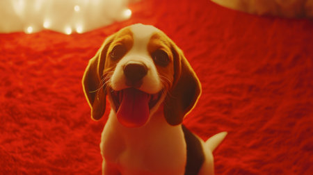 A cheerful beagle puppy sitting on a vibrant red background, showcasing its playful personality and joyful demeanor. Perfect for pet lovers and animal-themed projects.の素材