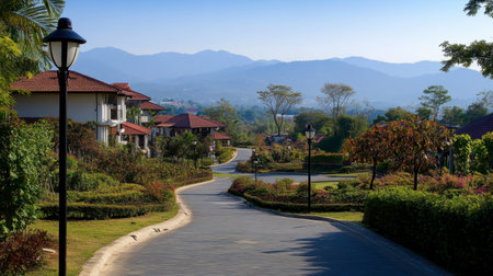 A picturesque residential road lined with charming houses, surrounded by lush greenery and distant mountains under a clear blue sky, perfect for peaceful living.の素材