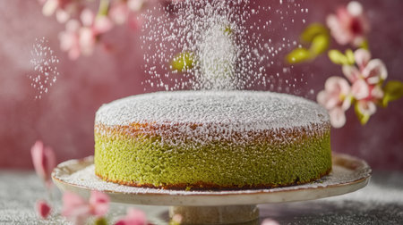 A beautifully presented green cake topped with powdered sugar and adorned with flowers, perfect for festive occasions and culinary displays.の素材