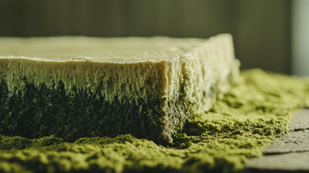A close-up view of a matcha cake slice resting on a rustic wooden surface, showcasing its vibrant green color and creamy texture, ideal for dessert lovers.の素材