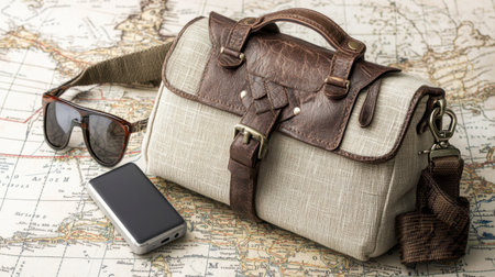 A stylish vintage bag, smartphone, and sunglasses on a detailed map, perfect for travel and adventure enthusiasts seeking inspiration.の素材