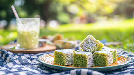 A picturesque outdoor scene featuring vibrant green treats on a sunny day. Perfect for summer picnics, these sweet squares add a delightful touch to any gathering.の素材