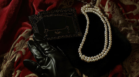 A stylish arrangement of elegant accessories on a rich, luxurious fabric. Features a black glove, pearl necklace, and chic purse for a timeless look.の素材
