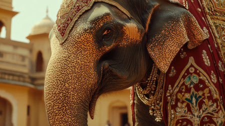 A stunning portrait of a majestic elephant adorned in traditional Indian attire, showcasing intricate patterns and vibrant colors, symbolizing culture and heritage.の素材