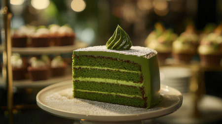 A beautifully presented green layer cake, perfect for any celebration. This delightful dessert features rich layers and creamy frosting, making it a tempting treat.の素材