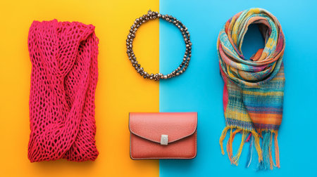 Showcase of vibrant accessories including a scarf, jewelry, and a handbag on a colorful background, perfect for fashion and style inspiration.の素材
