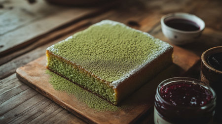 A square matcha cake dusted with green powder rests on a rustic wooden board. Accompanied by jars of vibrant jams, this dessert is perfect for any occasion.の素材