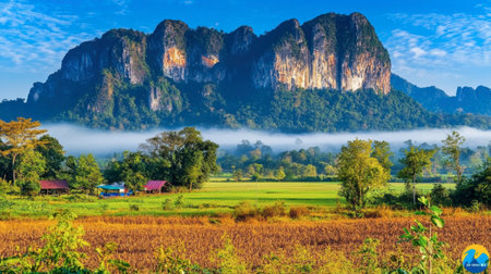 A stunning mountain landscape featuring lush greenery and a calm valley, bathed in morning sunlight, offering a serene and picturesque outdoor scene.の素材